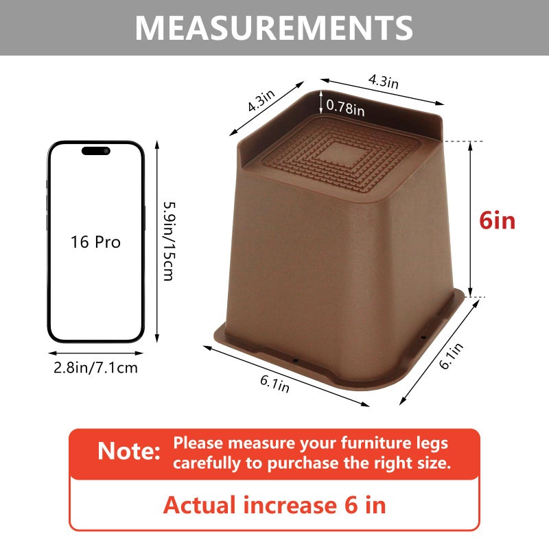 HANIHUA 6 Pack Dark Brown Bed Risers 6 inch Heavy Duty, Oversized Furniture Risers, Bed Lifts Risers for Table, Sofa, Chair, Couch, Desk, Bed Frame Risers Supports Up to 6,500 Lbs - Image 2